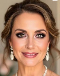 Mujer con maquillaje glamoroso y peinado recogido, luciendo lentejuelas doradas.