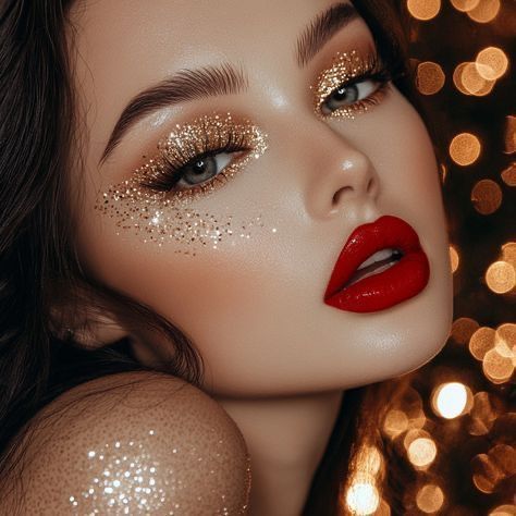 Mujer con maquillaje de ojos con brillantina dorada y lápiz labial rojo, posando sobre un fondo borroso.