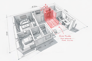 Un croquis de plan d'étage 3D montrant l'agencement d'une maison, avec une zone surlignée en rouge marquée .