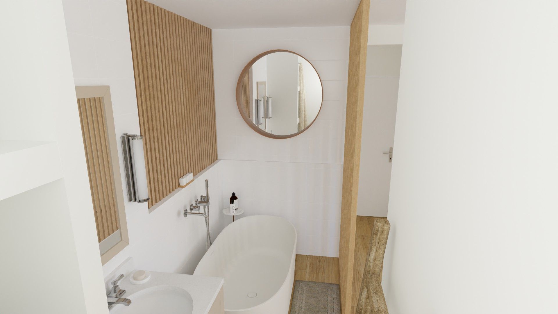 Petite salle de bains blanche avec des éléments en bois, un miroir rond, un lavabo et une baignoire îlot.
