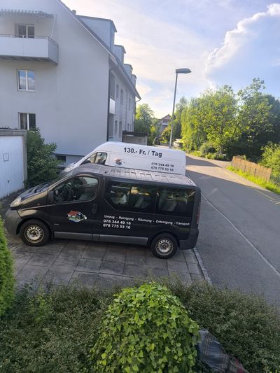 Schwarzer Lieferwagen neben einem weissen Wohnhaus in einer ruhigen, von Bäumen und Grün gesäumten Strasse geparkt.