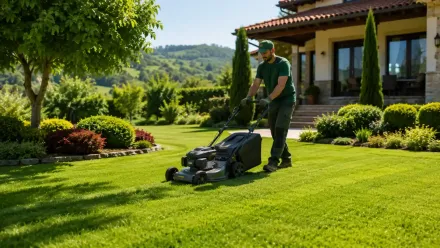 Una persona corta el césped de un verde brillante junto a una casa en un jardín soleado.