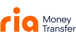 Logotipo de Ria Money Transfer: texto "ria" naranja con un pequeño círculo encima de la "i", con "Money Transfer" en texto azul oscuro.