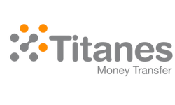 Logotipo para Titanes Money Transfer, que presenta círculos grises y naranjas interconectados, con el nombre de la empresa en texto gris.