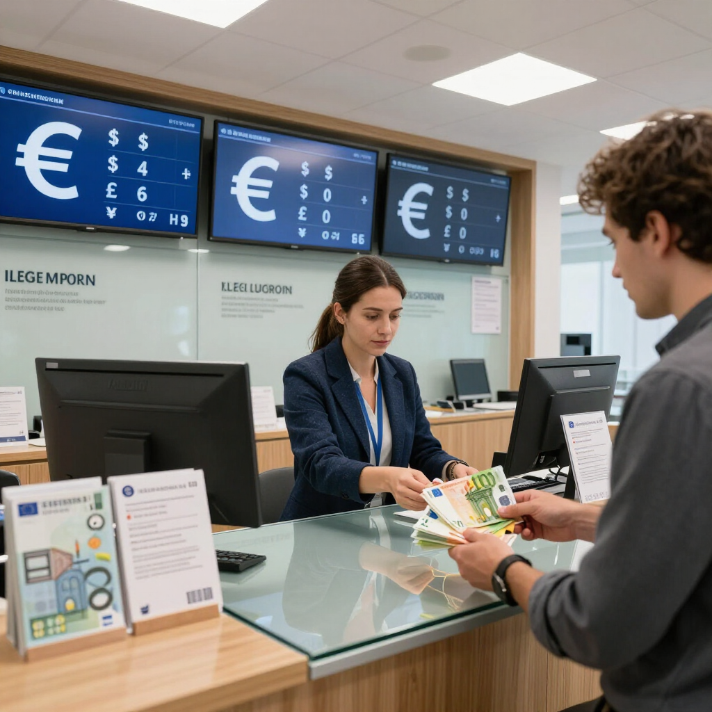 Cajero de banco ayudando a un cliente a contar euros en un mostrador con pantallas que muestran las divisas detrás de él.
