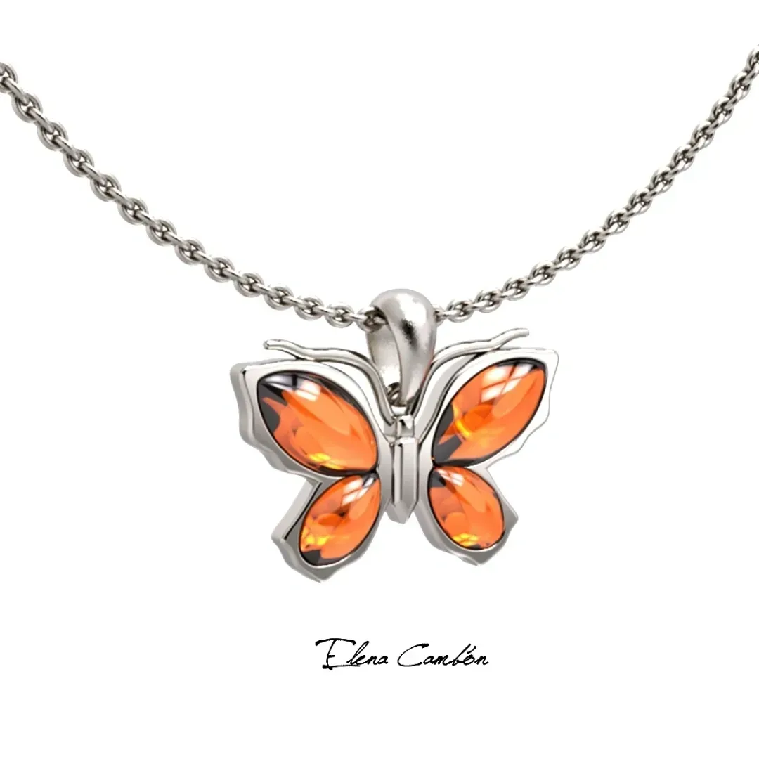 Collar con colgante de mariposa plateada con alas de piedra preciosa naranja