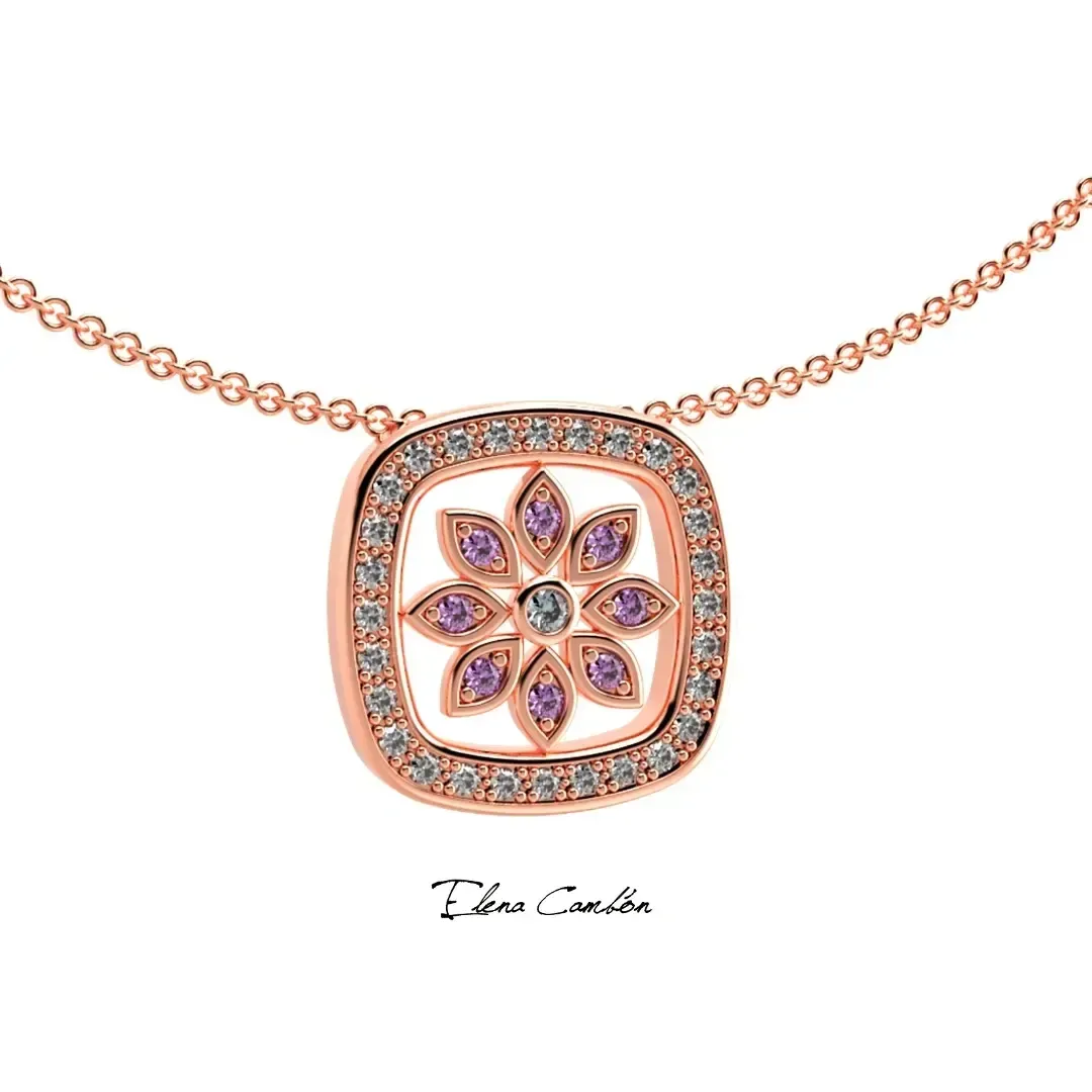 Collar de oro rosa con colgante floral cuadrado con piedras rosas y azules.