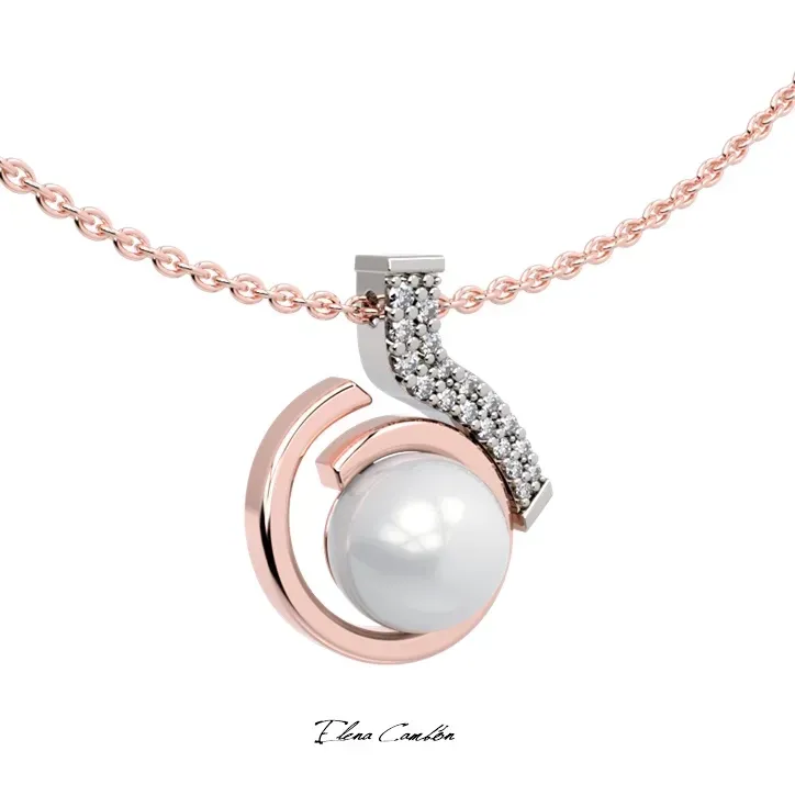 Collar geométrico de oro rosa con piedras negras sobre fondo blanco.