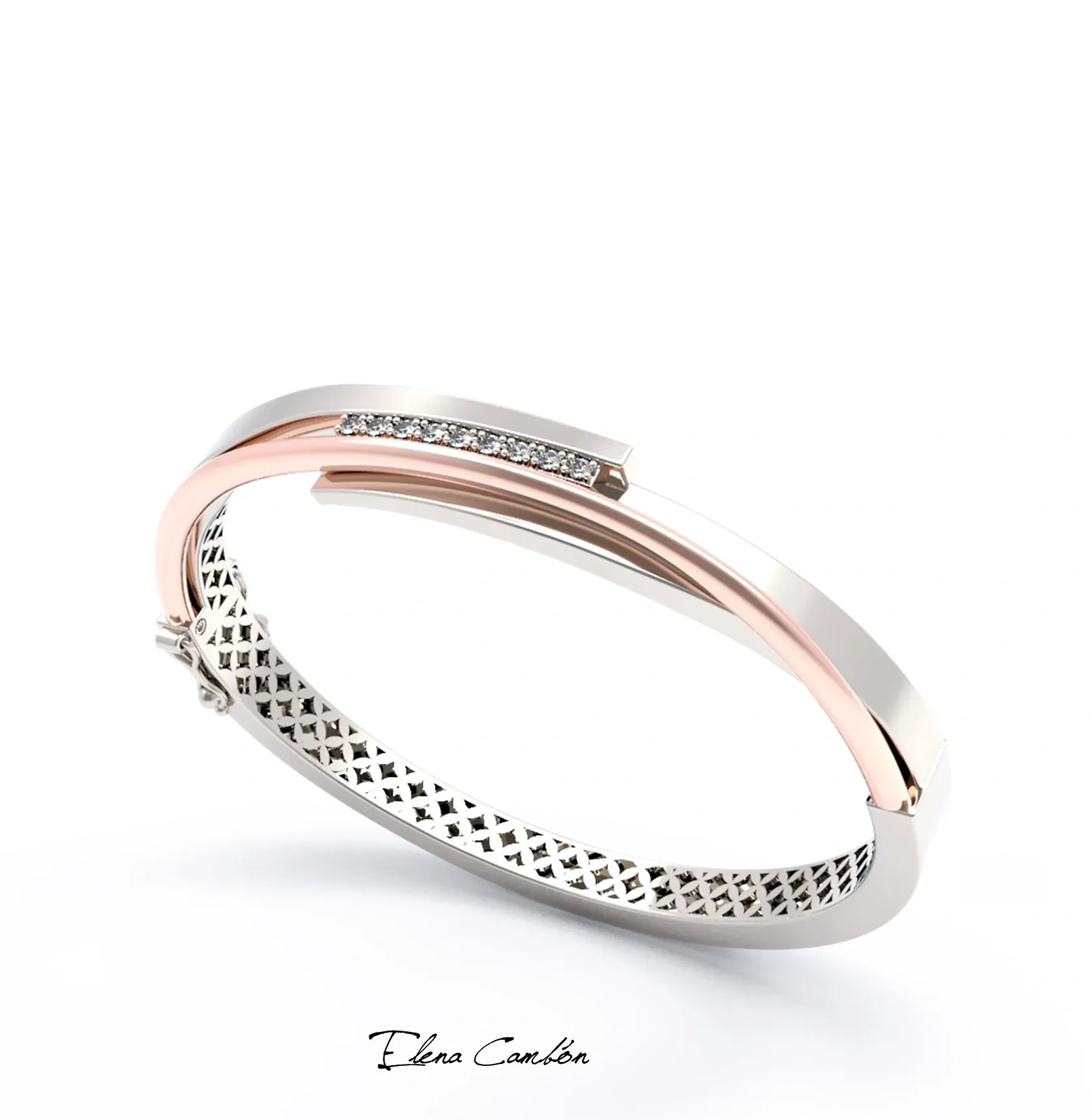 Dos anillos de plata y oro rosa con incrustaciones de diamantes sobre un fondo blanco.