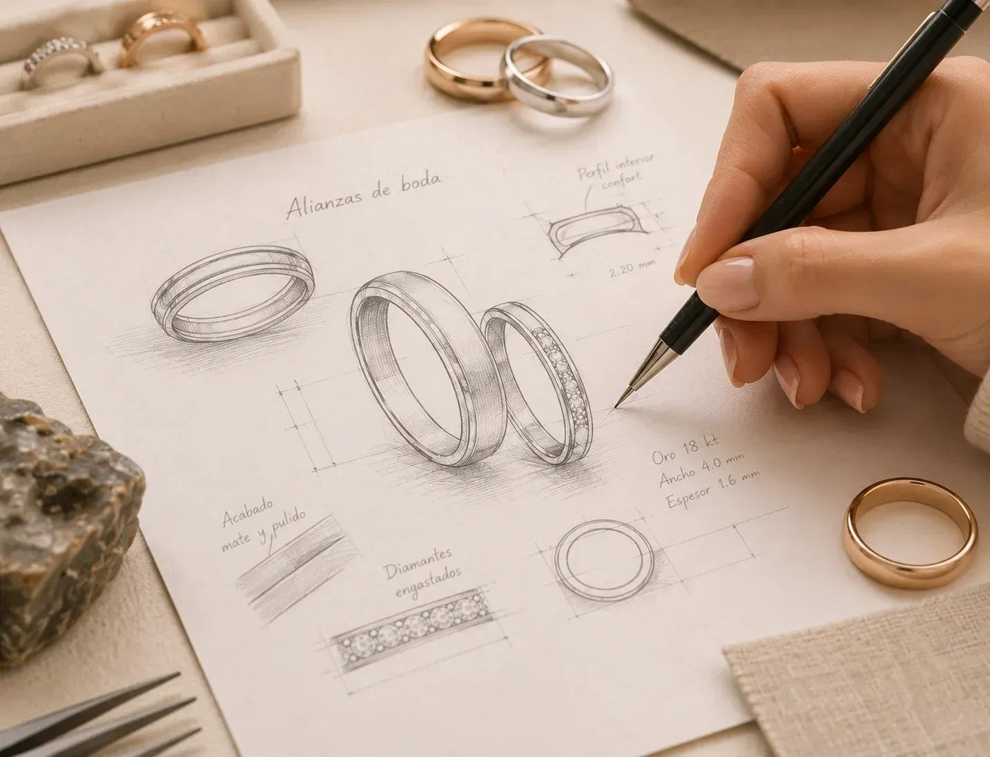 Dibujando a mano diseños de anillos en papel con anillos de oro y herramientas de joyería sobre un escritorio.