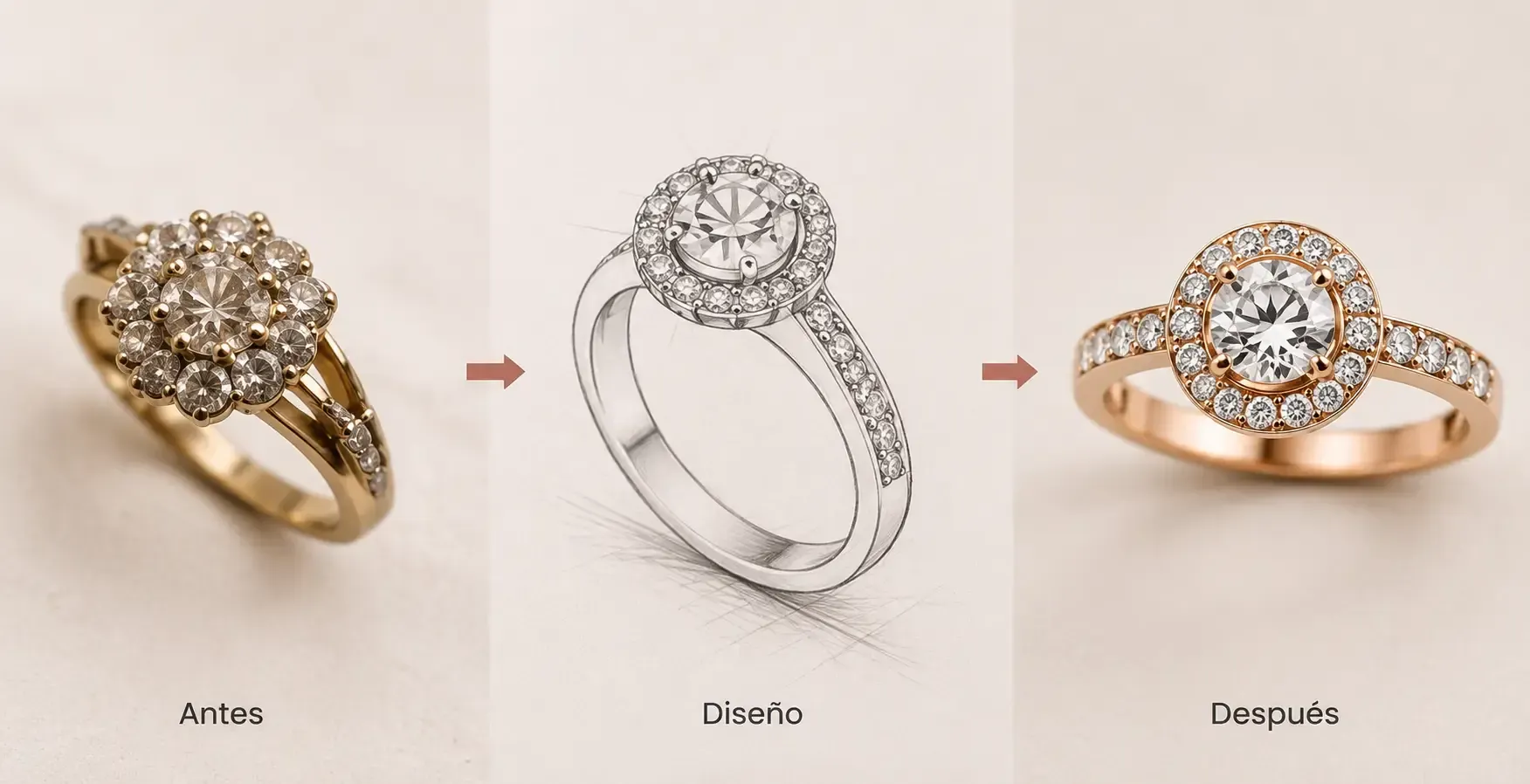 Tres estilos de anillos de compromiso con halo de diamantes en oro, oro blanco y oro rosa sobre un fondo claro.