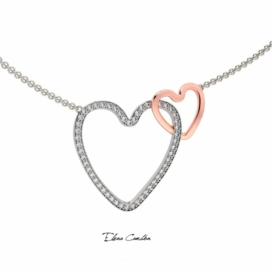 Collar con colgante de corazón entrelazado en plata y oro rosa, en una cadena.