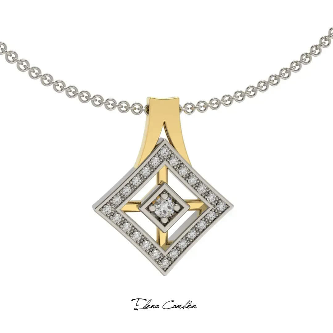 Collar con colgante de oro y plata con diamantes, diseño geométrico en forma de diamante y piedra central.