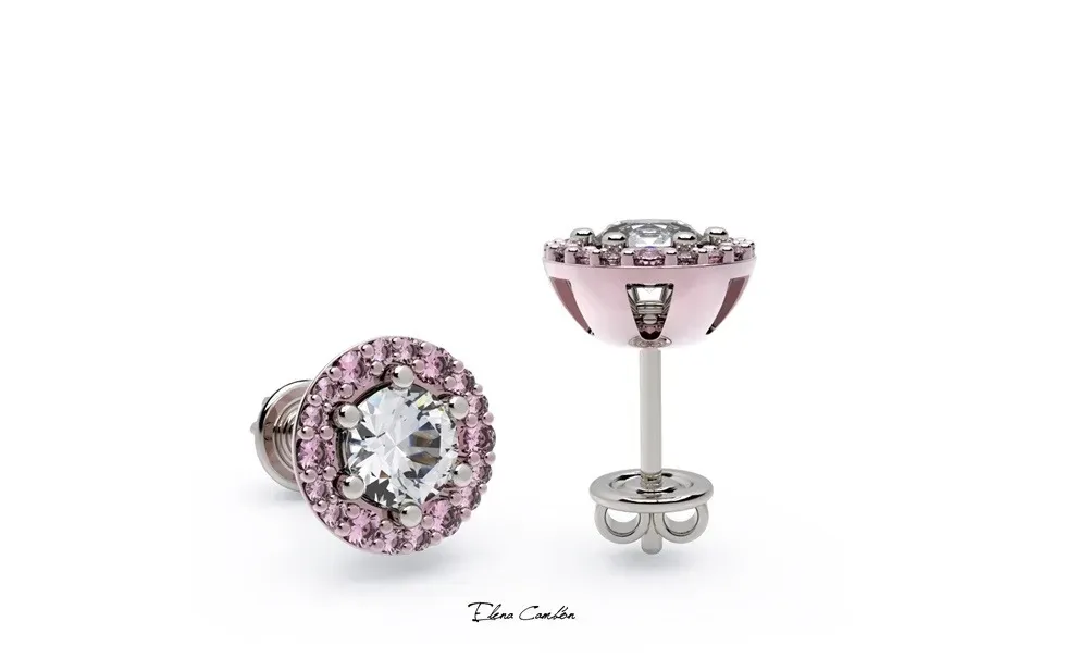 Anillo rosa y plateado con joyas, mostrado en vista frontal y lateral sobre un fondo blanco.
