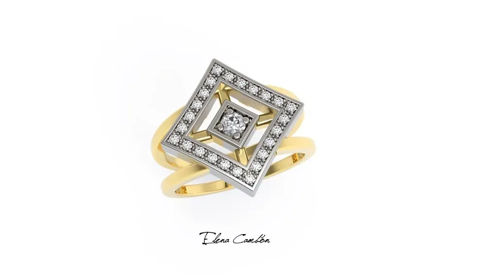 Anillo cuadrado de oro y plata con diamantes y diseño geométrico en capas sobre fondo blanco.