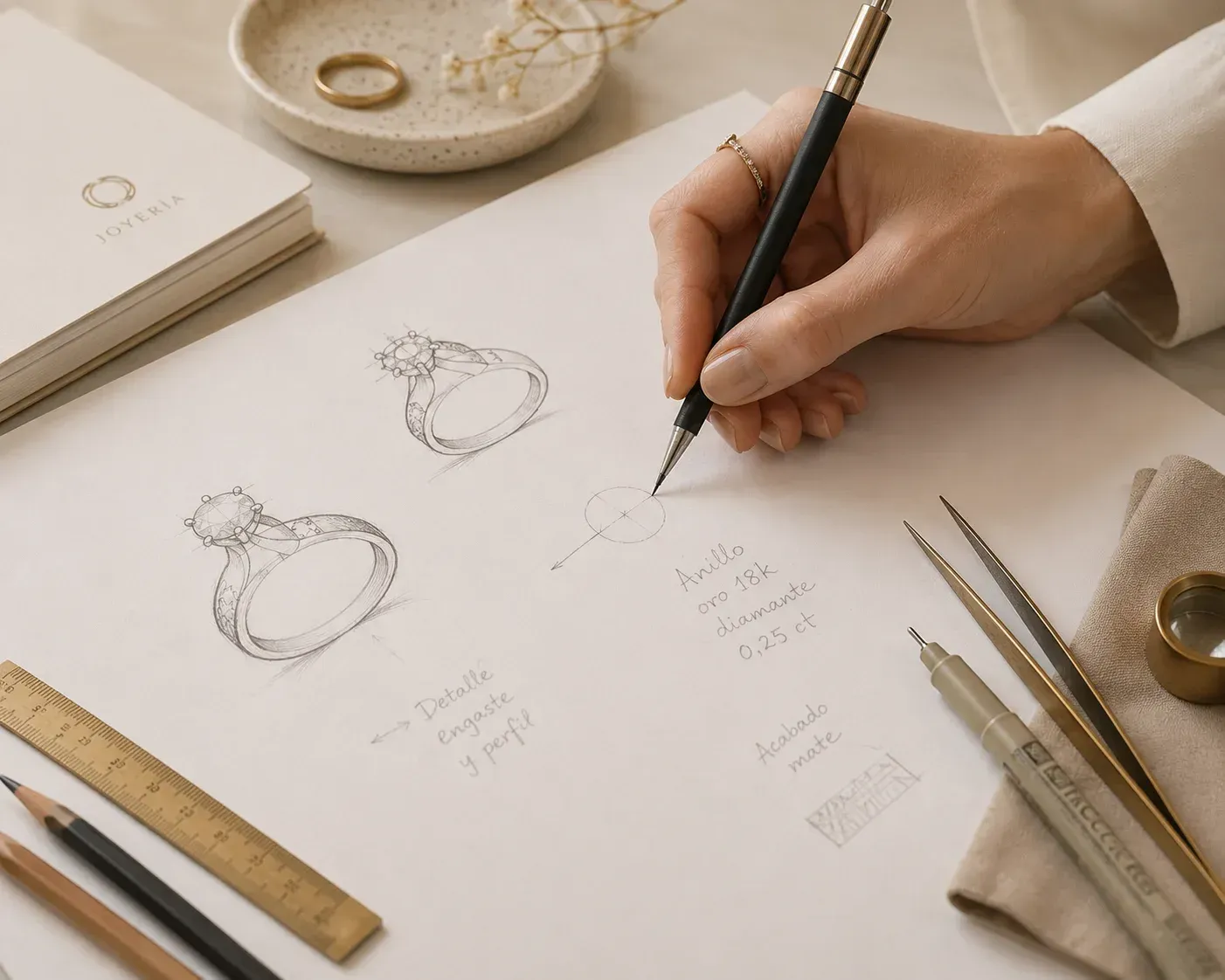 Diseñador de joyas dibujando bocetos de anillos en papel con herramientas y bandejas de gemas sobre un escritorio.