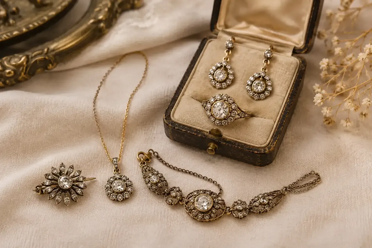 Conjunto de joyas de oro con collar, pulsera, pendientes y anillo en un expositor de satén dentro de una caja de terciopelo.