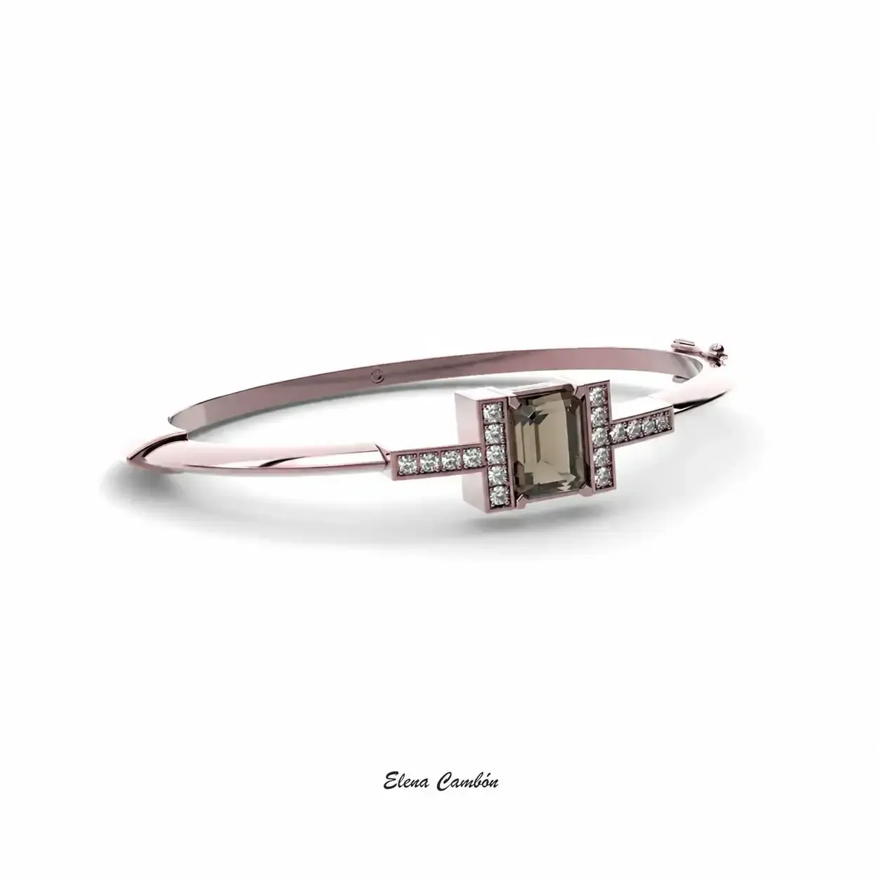 Pulsera de plata con una gema rectangular de color púrpura y pequeños detalles transparentes.