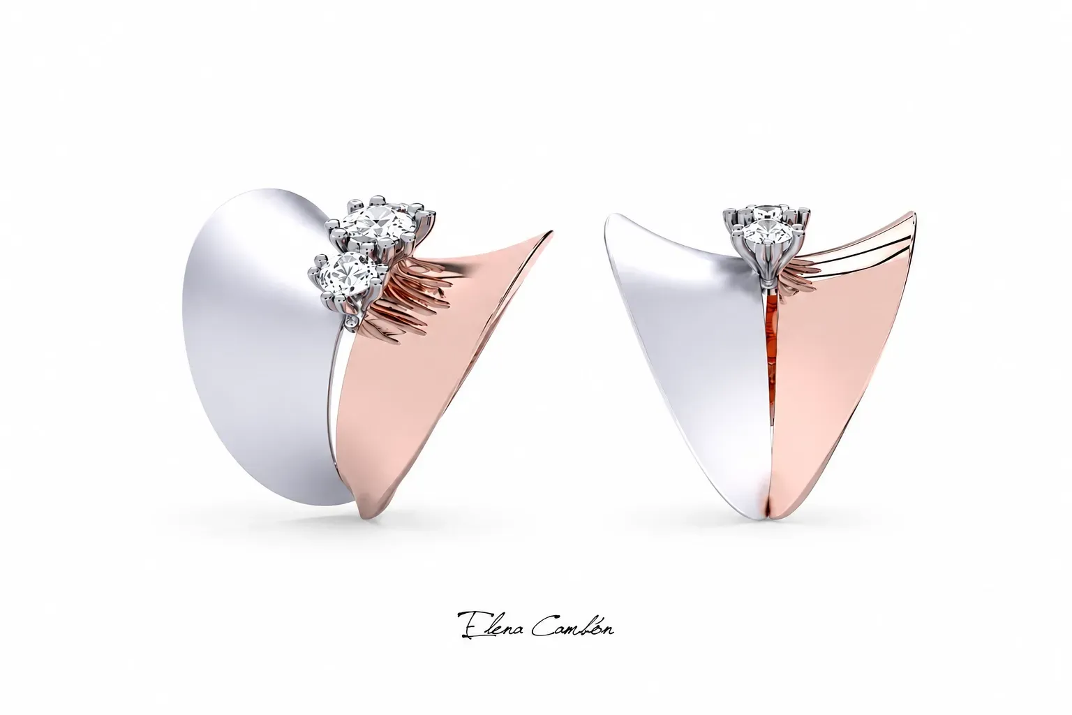 Dos anillos en forma de corazón de plata y oro rosa con diamantes sobre fondo blanco.