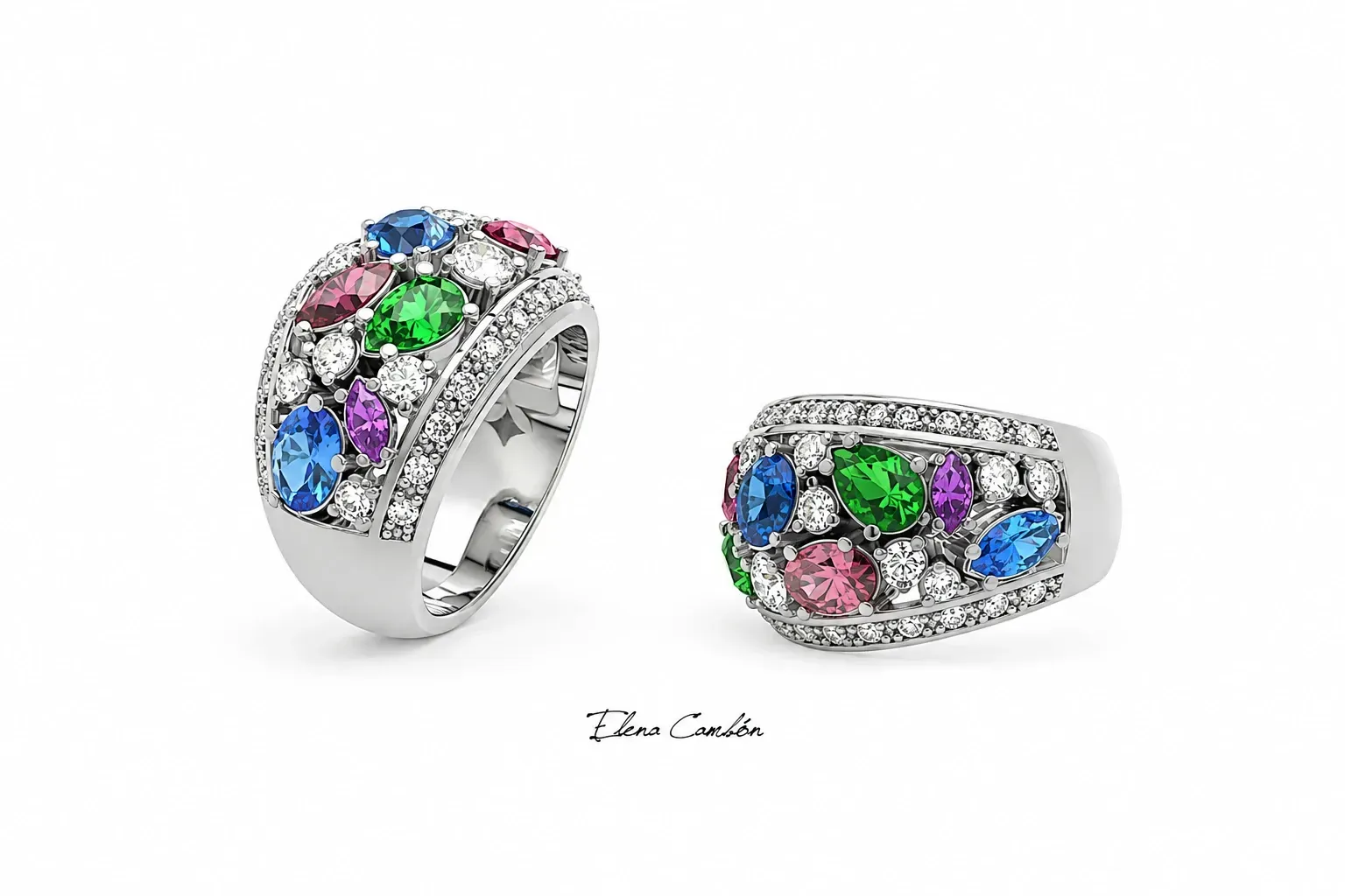 Pendientes de aro de plata con incrustaciones de piedras preciosas de colores sobre un fondo blanco.