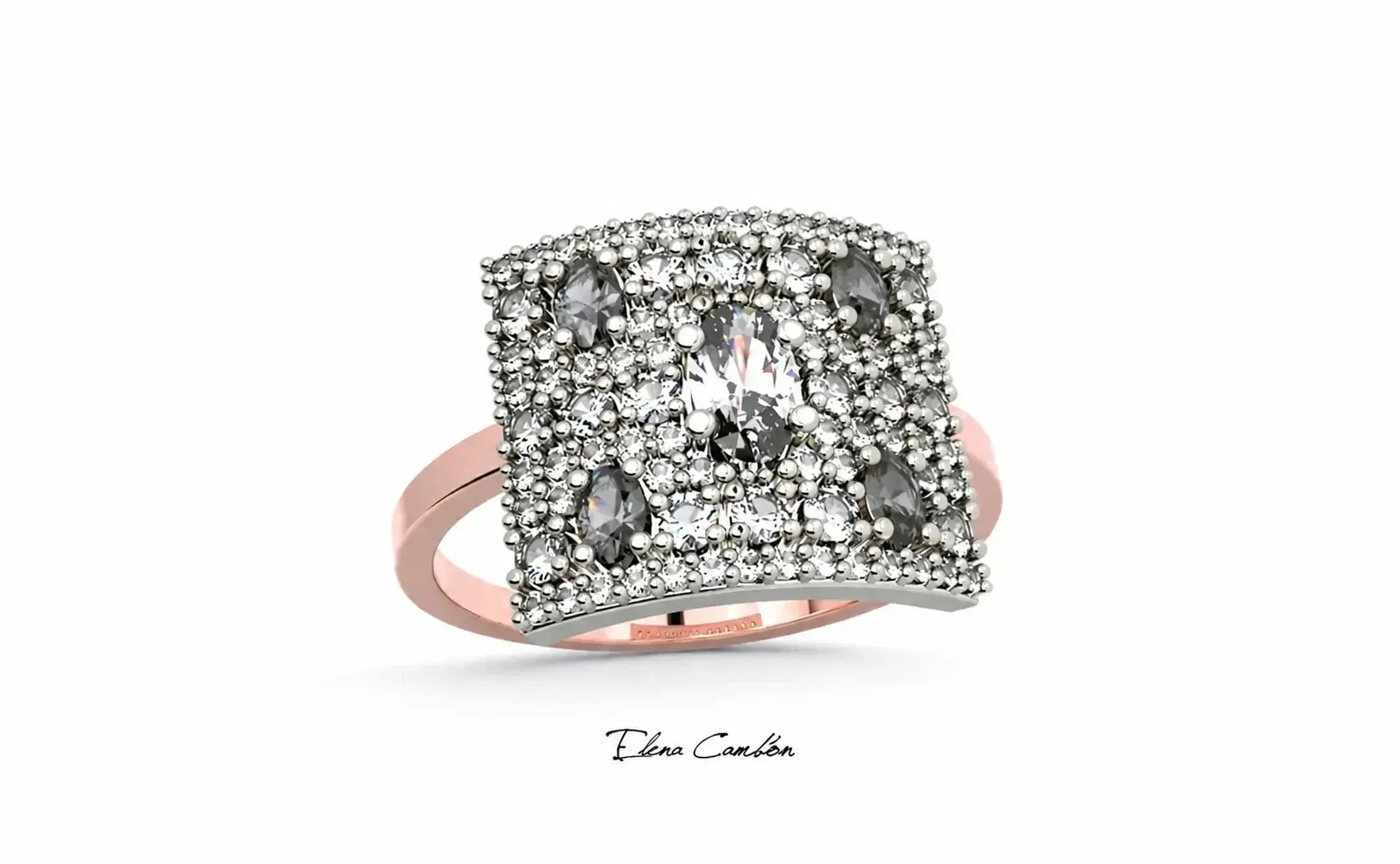 Anillo de oro rosa con engaste cuadrado de diamantes pavé y cuatro piedras en forma de lágrima.