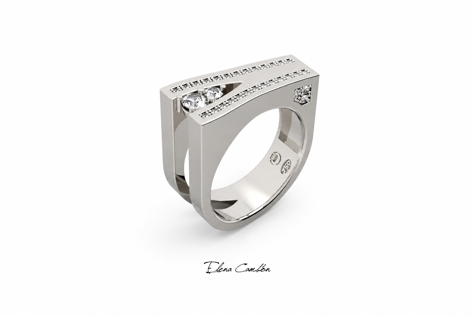 Anillo geométrico de plata con detalles de pedrería sobre fondo blanco.