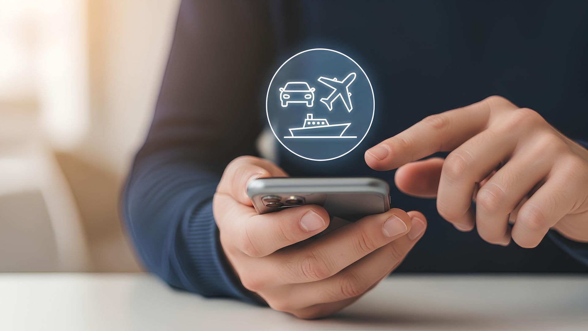 Personne utilisant un smartphone avec des icônes de transport : voiture, avion, bateau.