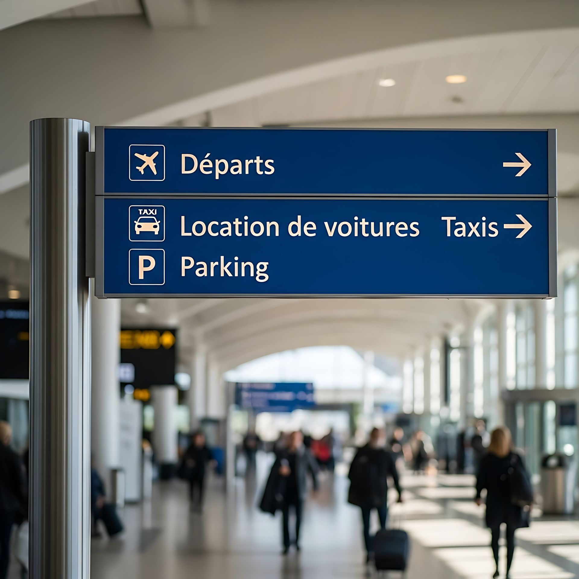 Panneau bleu de l'aéroport : « Départs », « Location de voitures, Taxis », « Parking » avec flèches, fond de hall.