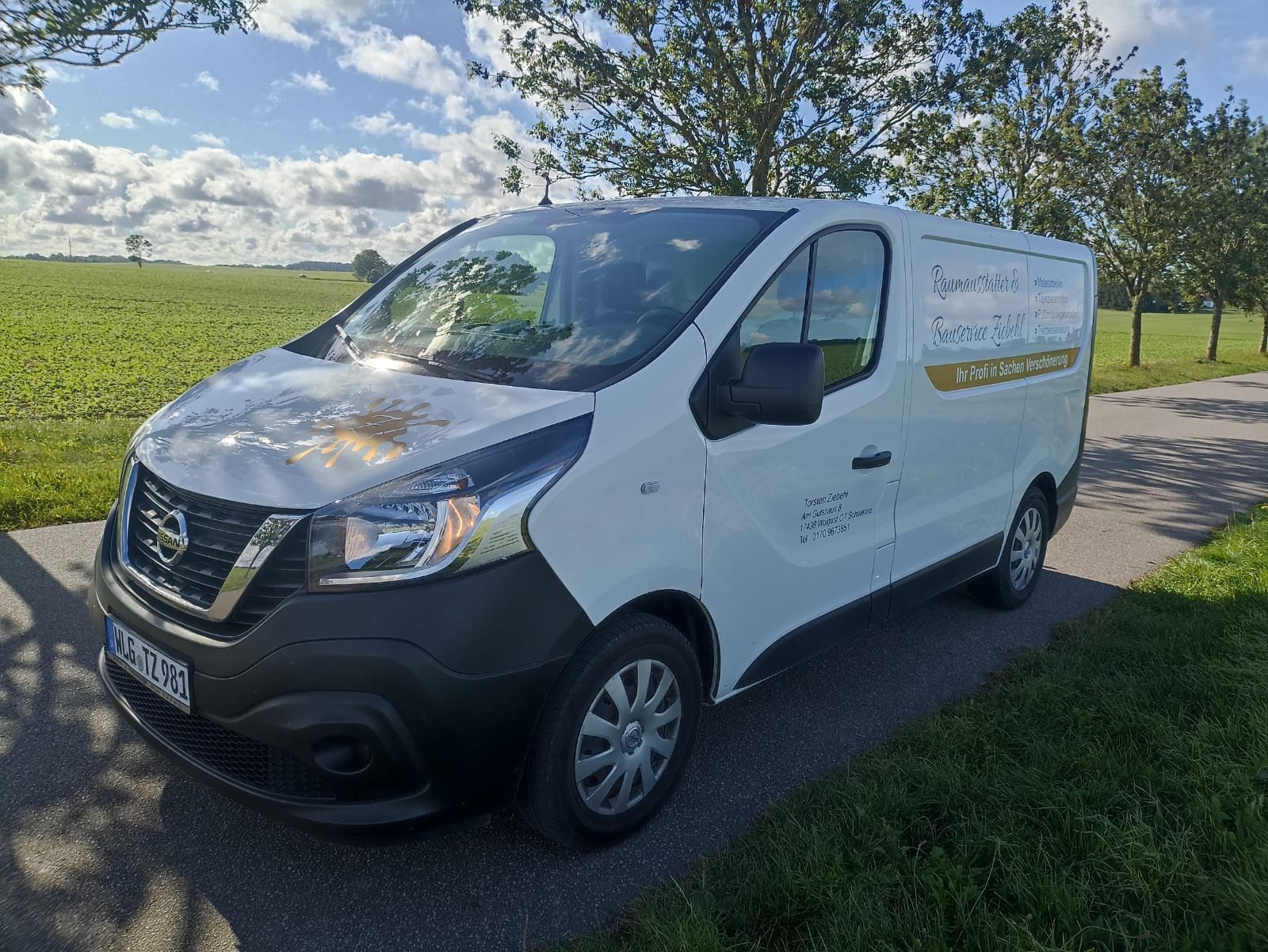 Weißer Nissan-Transporter am Straßenrand geparkt, im Hintergrund Werbung und ein Feld.