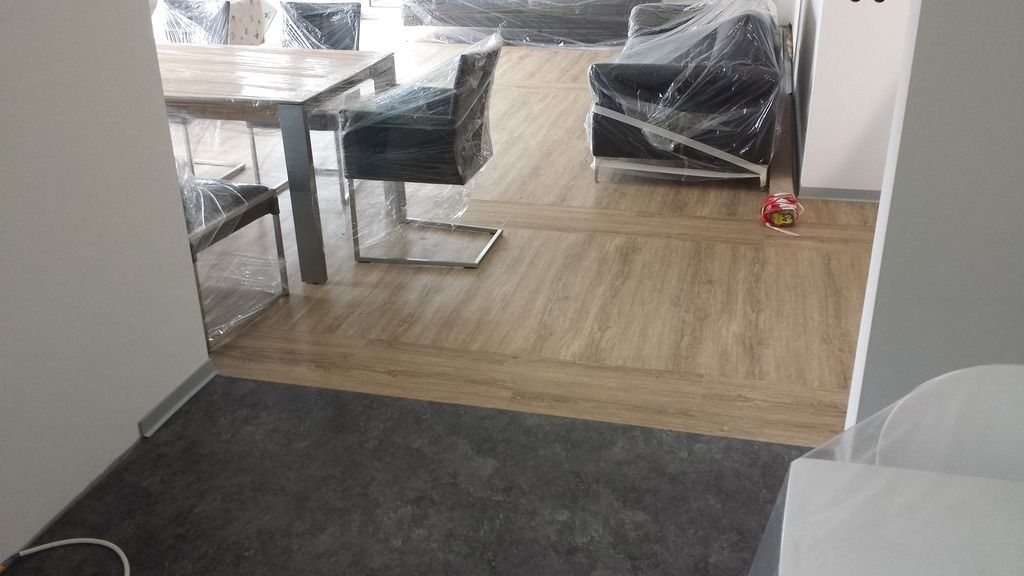 Wohnzimmer mit kunststoffbezogenen Möbeln, einem Boden in Holzoptik und einem dunklen Teppich in der Nähe der Tür.