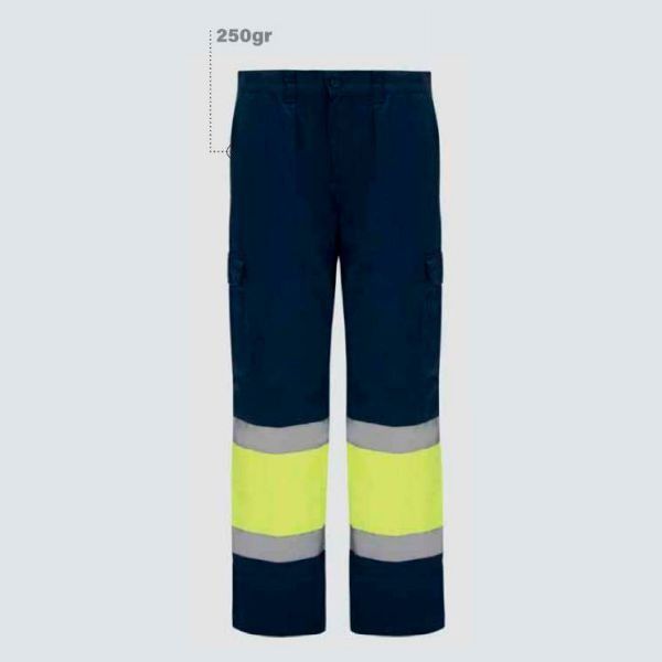 Un par de pantalones azules y amarillos con rayas reflectantes.