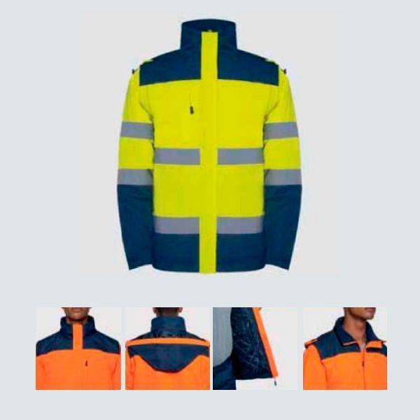 Una chaqueta amarilla y azul con rayas reflectantes