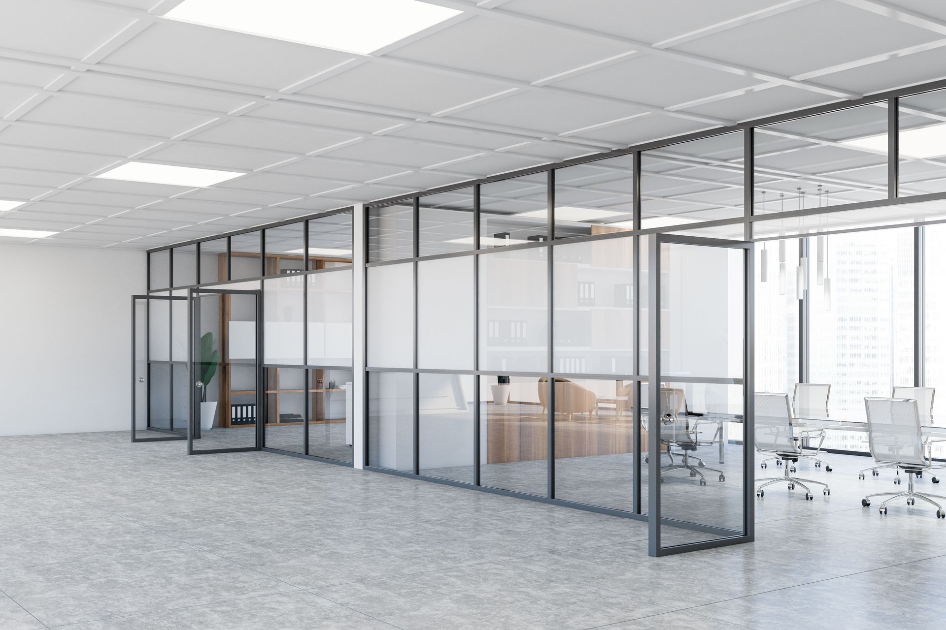 Intérieur de bureau moderne avec murs en verre, salle de conférence et tons neutres.