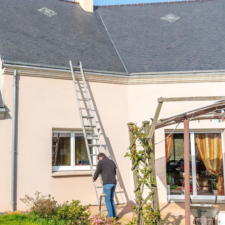 Professionnel montant sur le toit avec une échelle