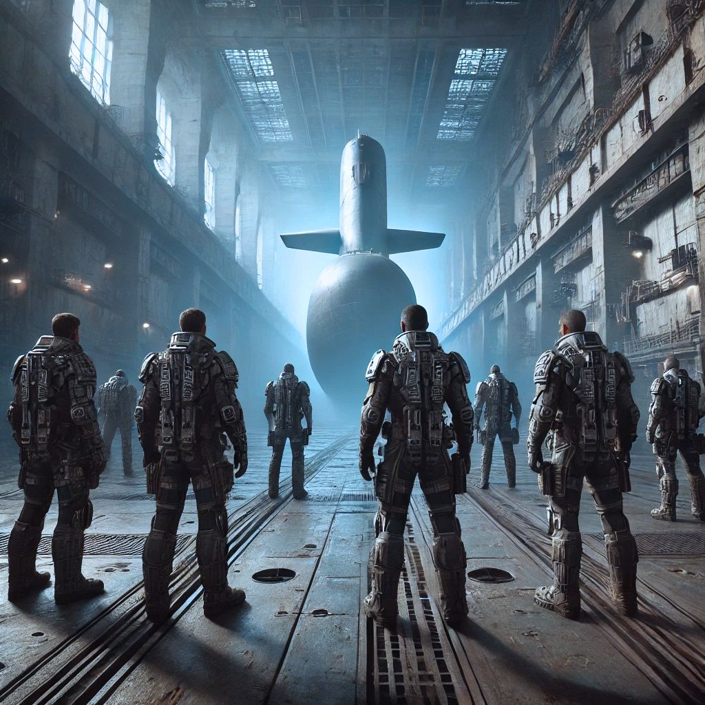Un grupo de soldados está parado frente a un submarino en un hangar.