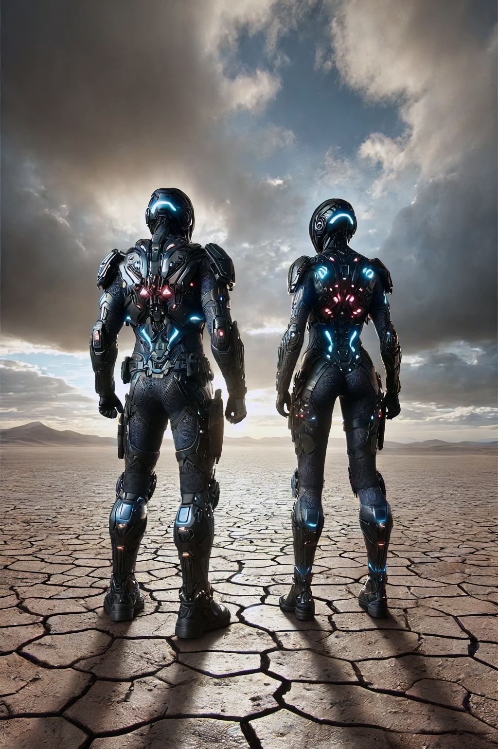 Un hombre y una mujer con una armadura futurista están parados uno al lado del otro en el desierto.