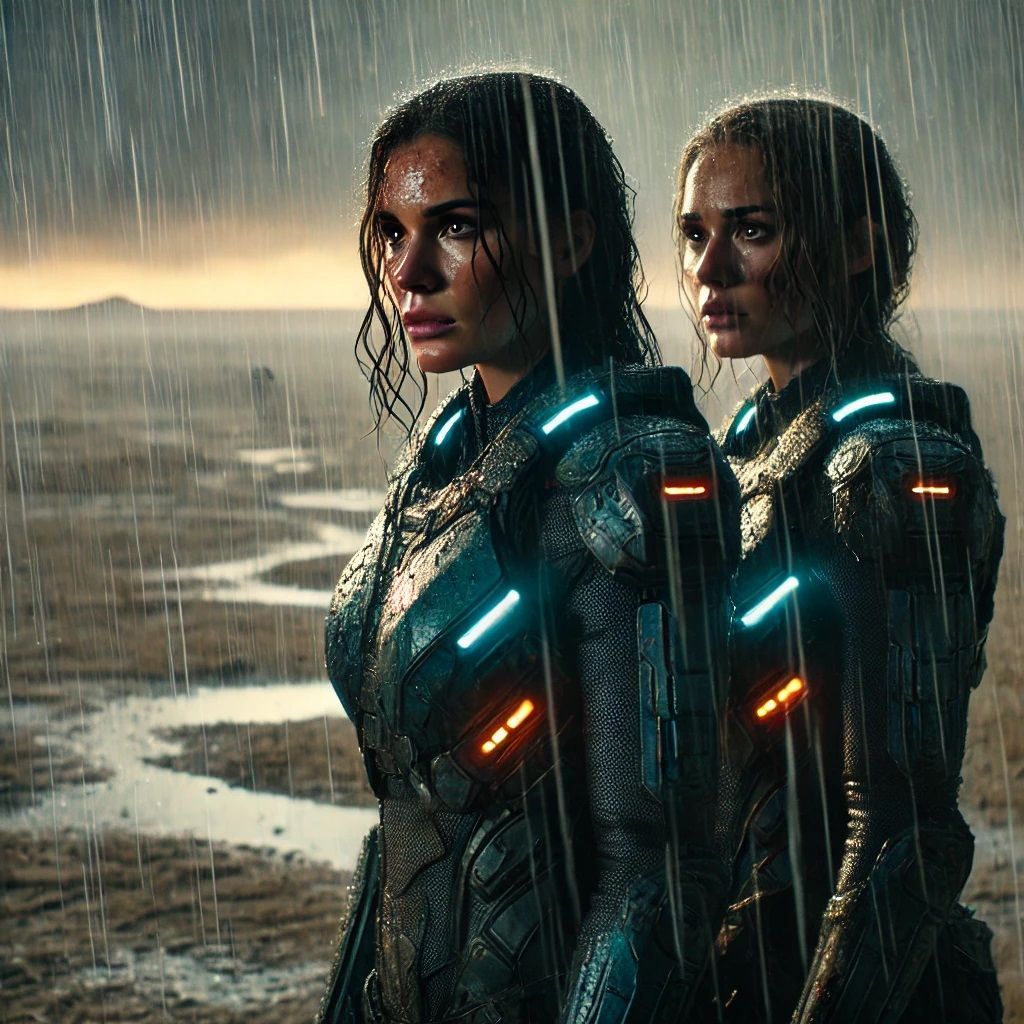 Dos mujeres con trajes futuristas están de pie bajo la lluvia.