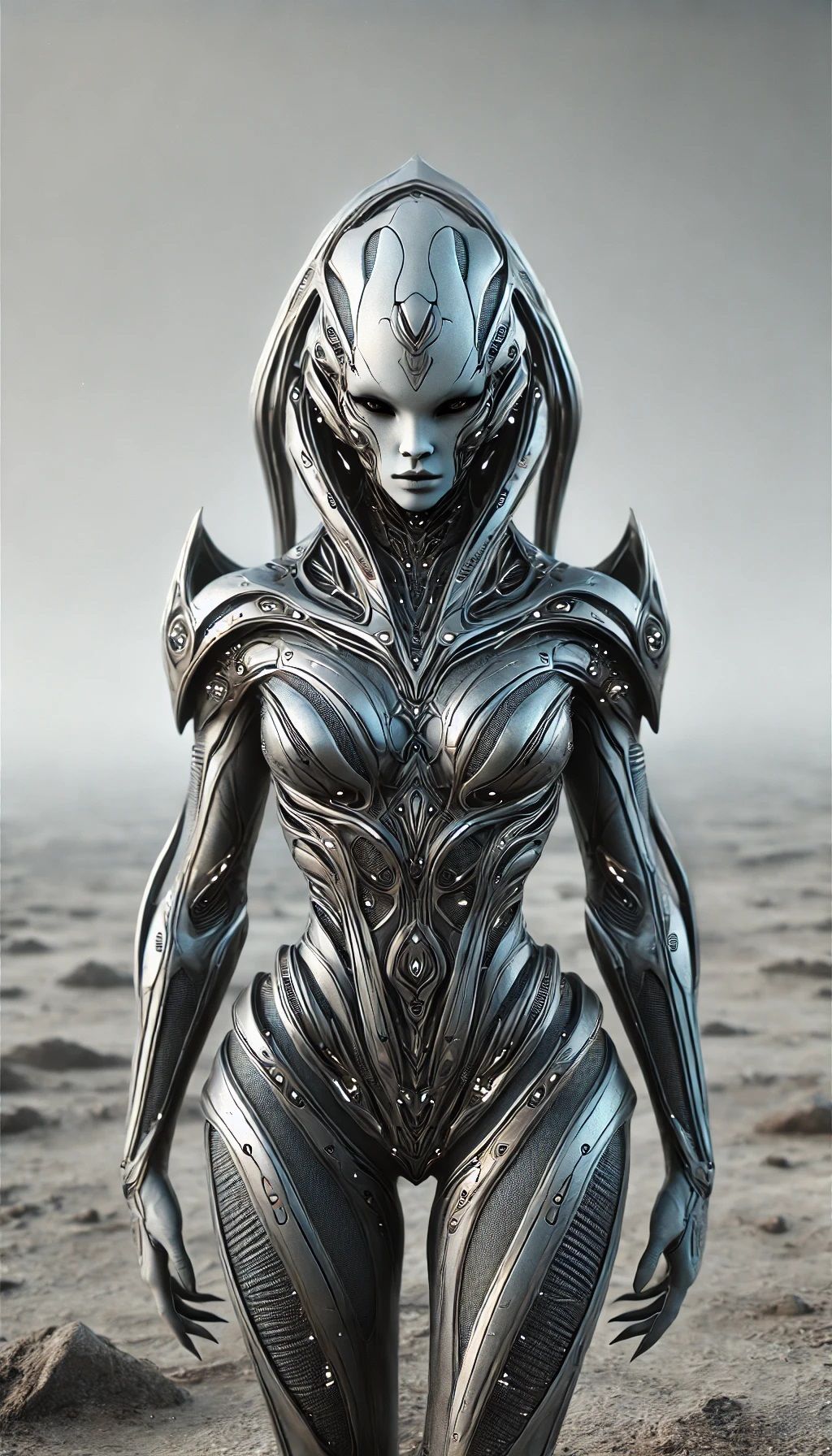 Una mujer con una armadura futurista está parada en el desierto.