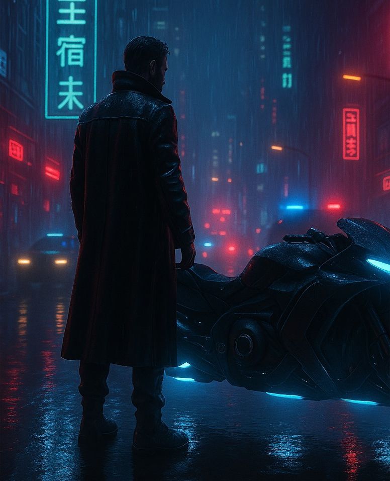 Un hombre está de pie junto a una motocicleta futurista bajo la lluvia.