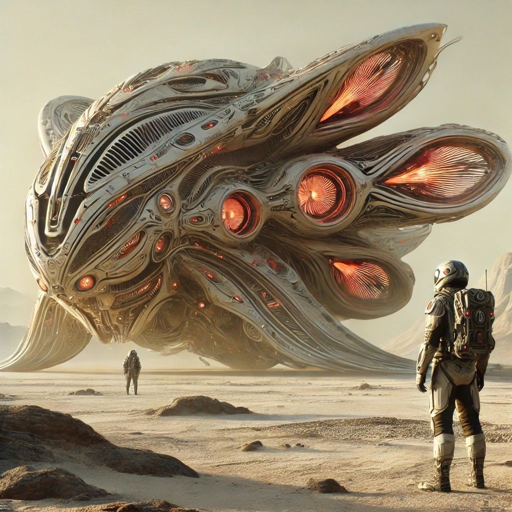 Un hombre con un traje espacial está parado frente a una gran nave alienígena en el desierto.