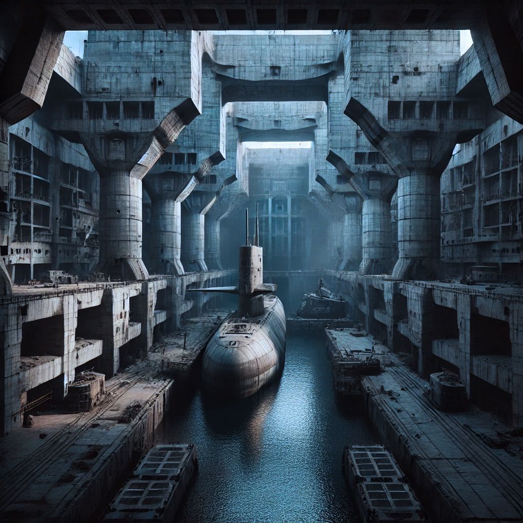 Un submarino está atracado en un gran edificio en el agua.