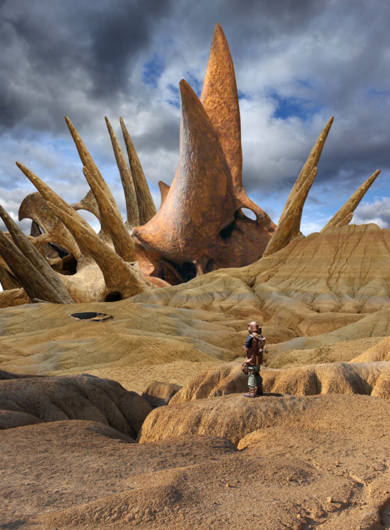 Una persona está parada frente a un gran cráneo de dinosaurio en el desierto.