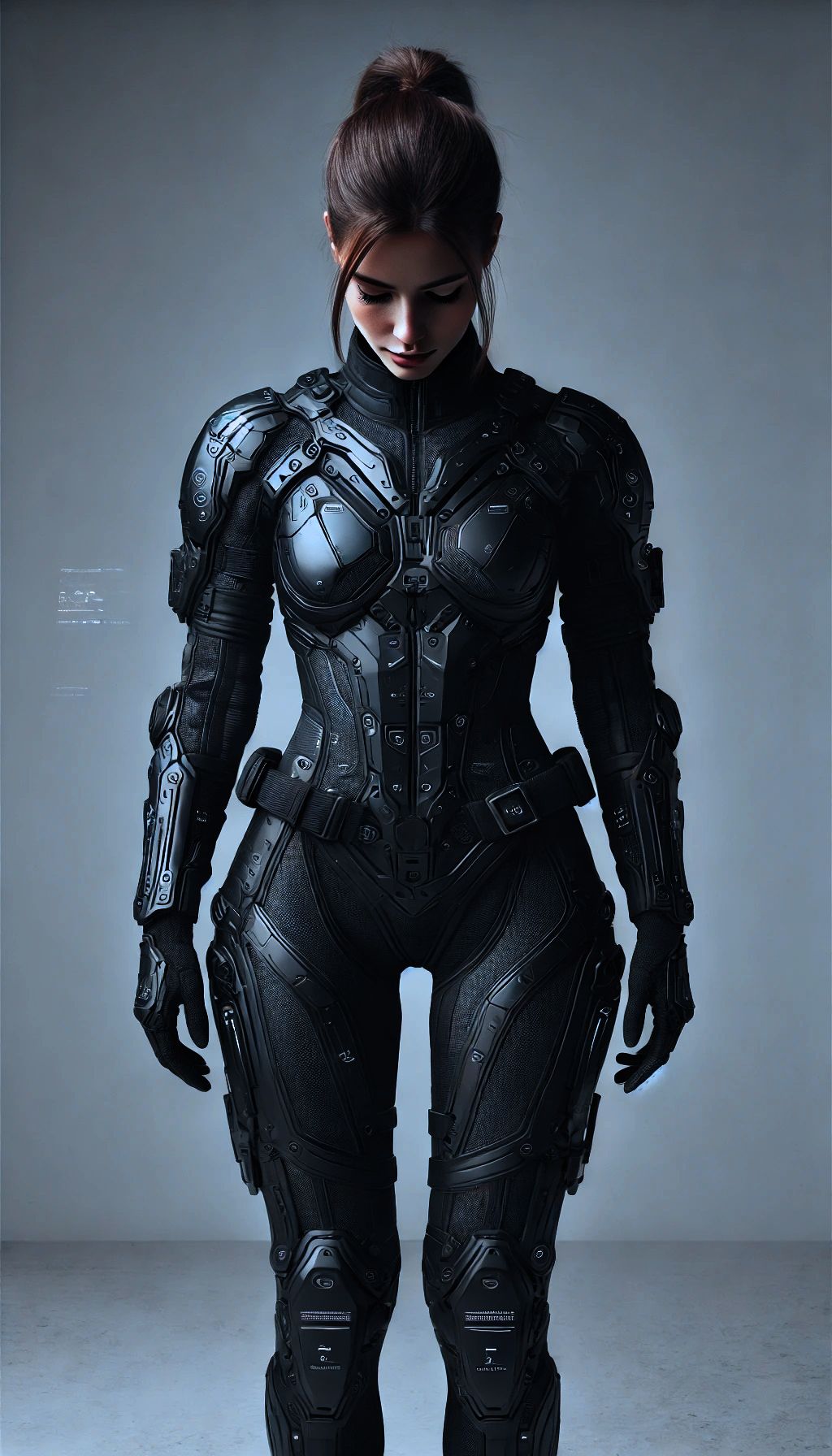 Una mujer con un traje de armadura futurista está parada en una habitación.