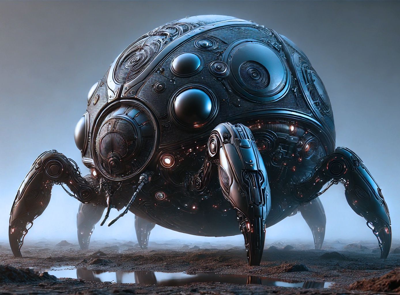 Un insecto robótico está parado en un charco de agua.