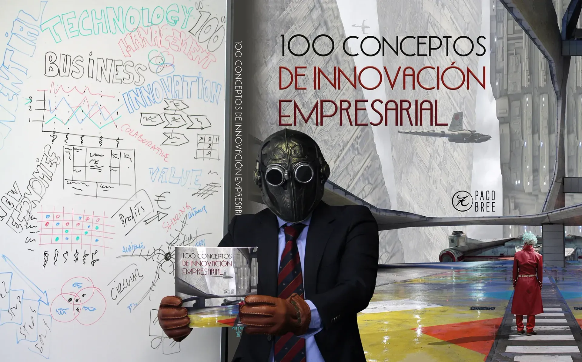 A man in a suit is holding a book titled 100 conceptos de innovacion empresarial