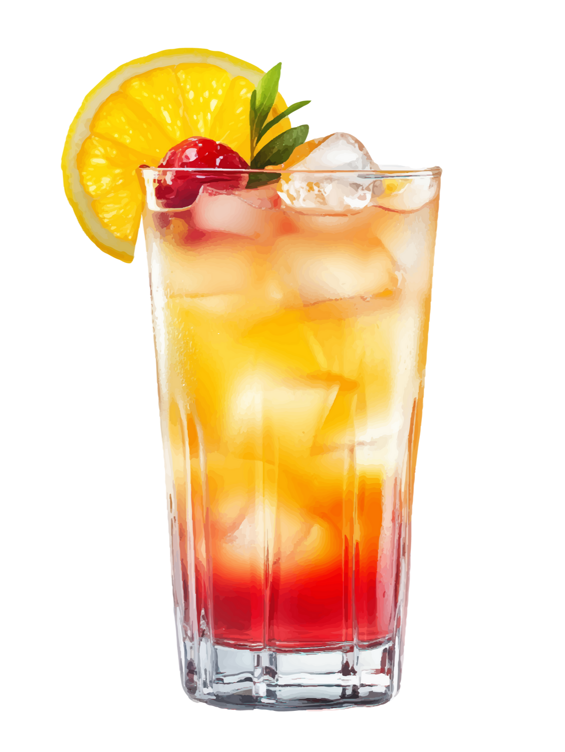 Grand verre contenant une boisson à couches rouges, oranges et jaunes ; garni d'une tranche d'orange, d'une cerise et de verdure.