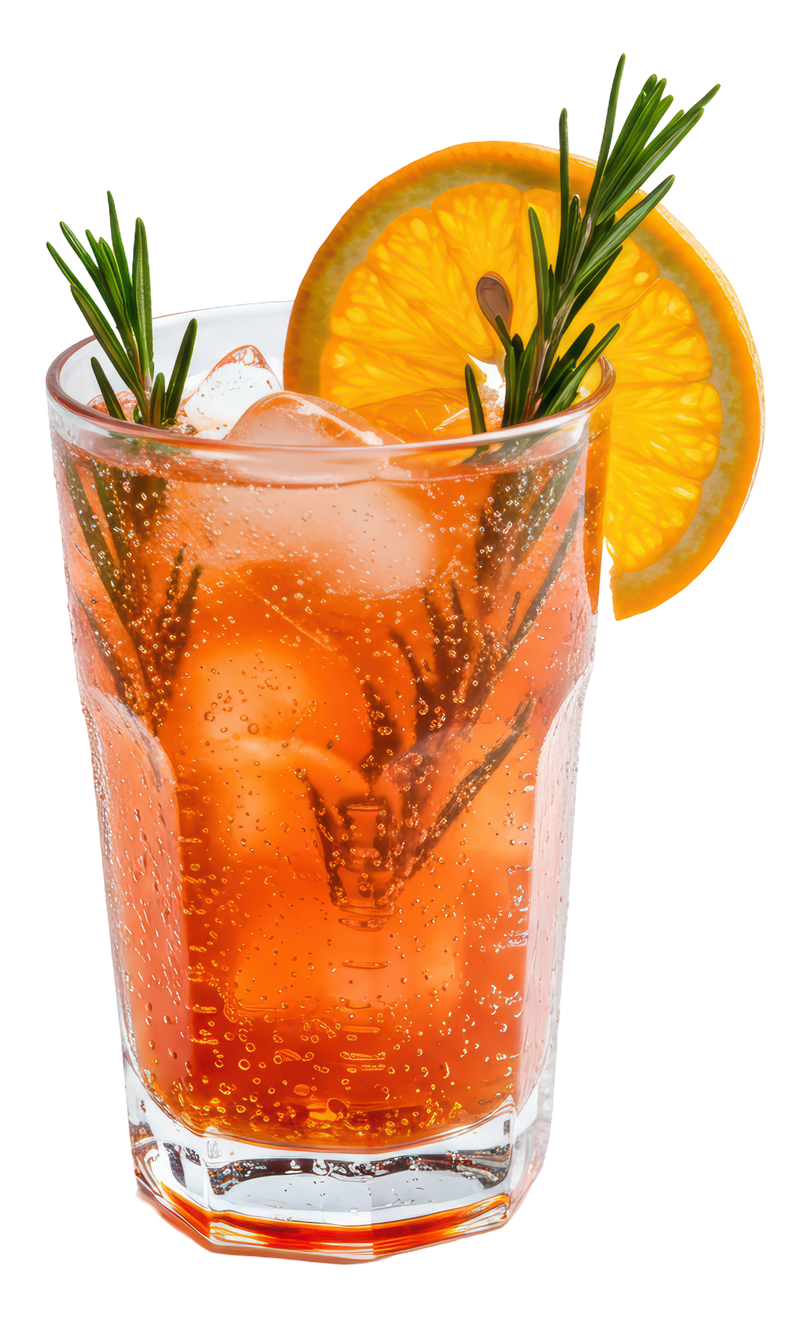 Cocktail garni d'une tranche d'orange et de romarin, servi dans un verre avec des glaçons.