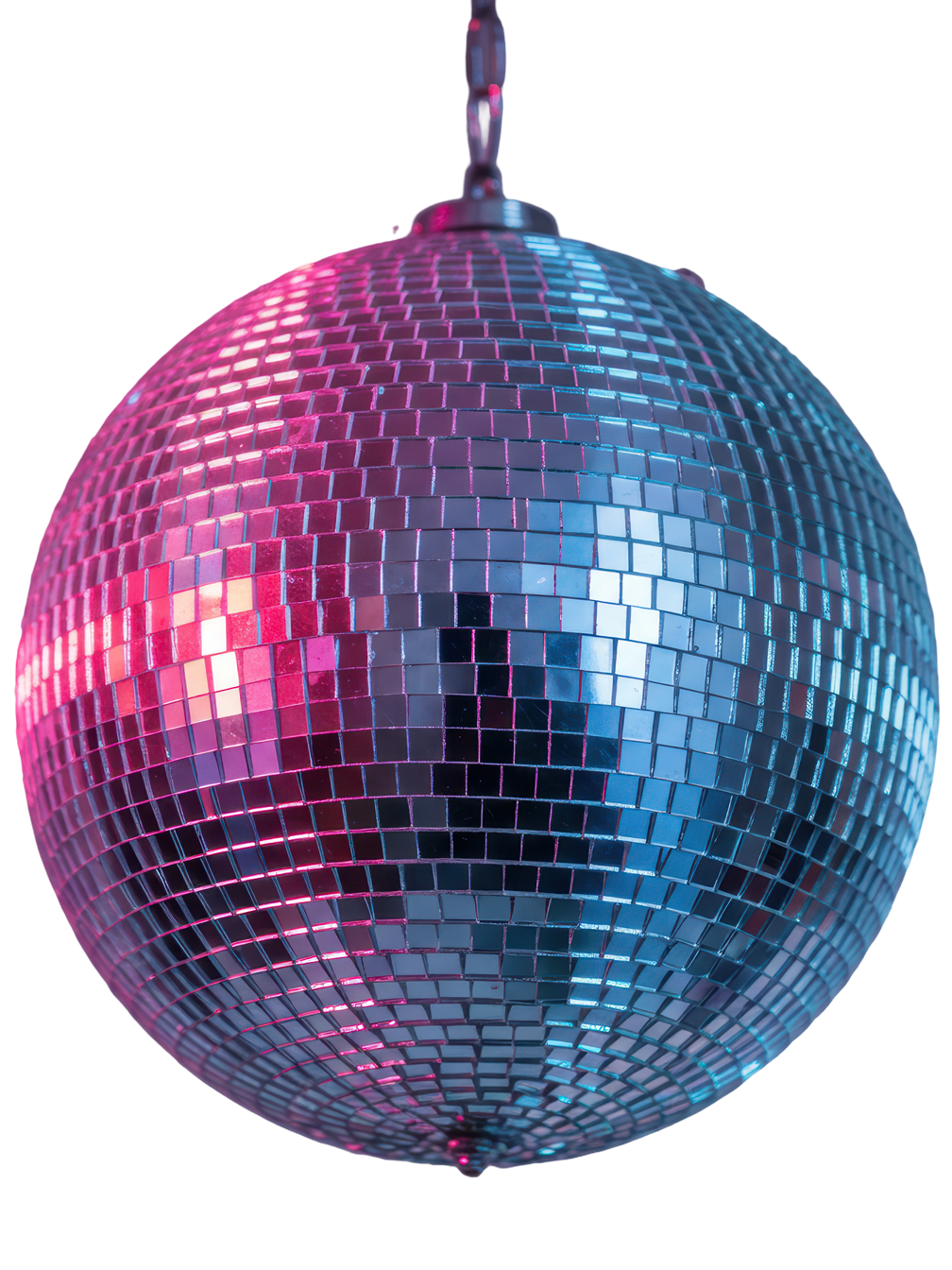 Boule disco reflétant une lumière rose et bleu.