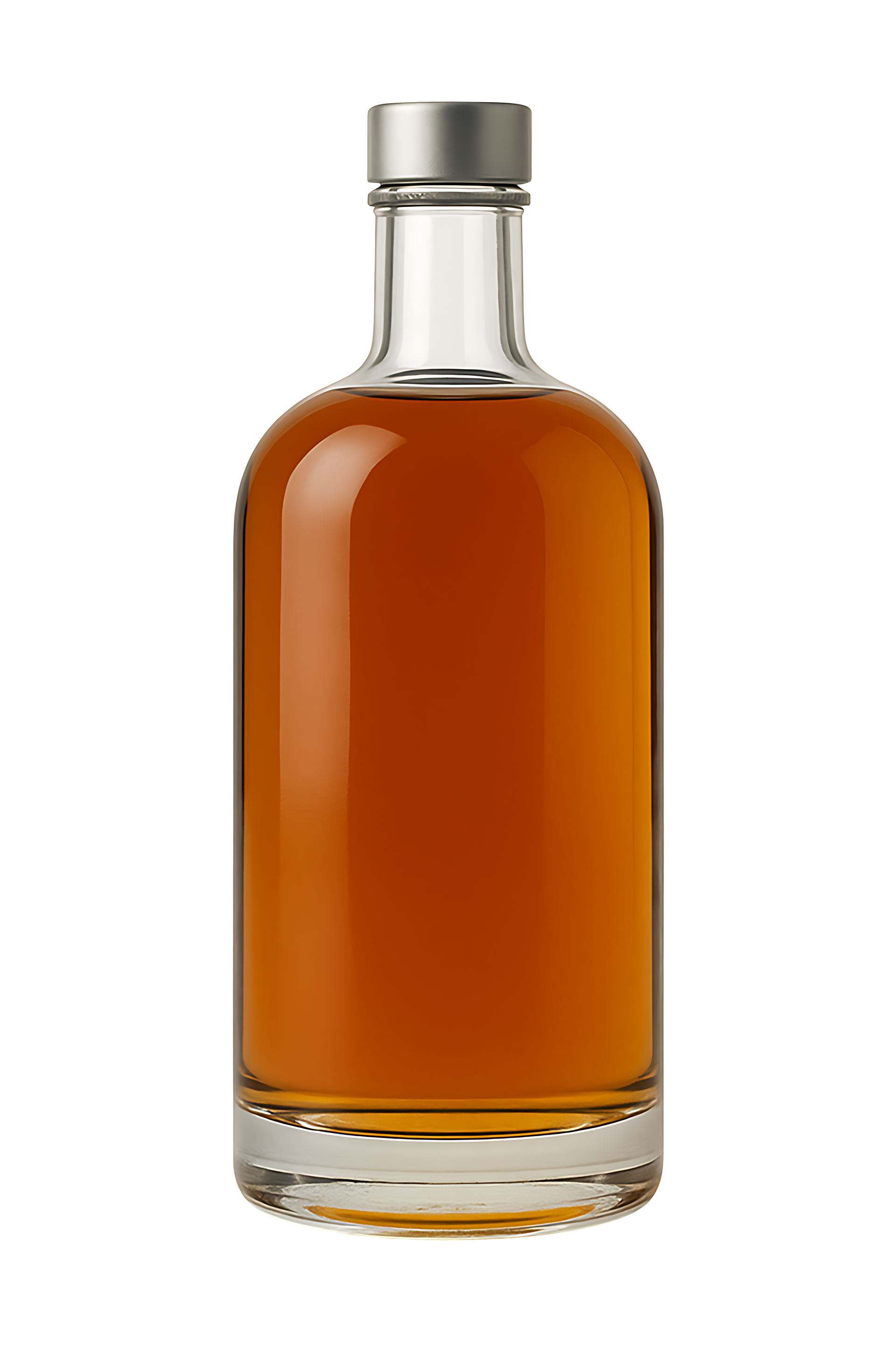 Bouteille de liquide ambré avec un bouchon argenté, sur fond blanc.