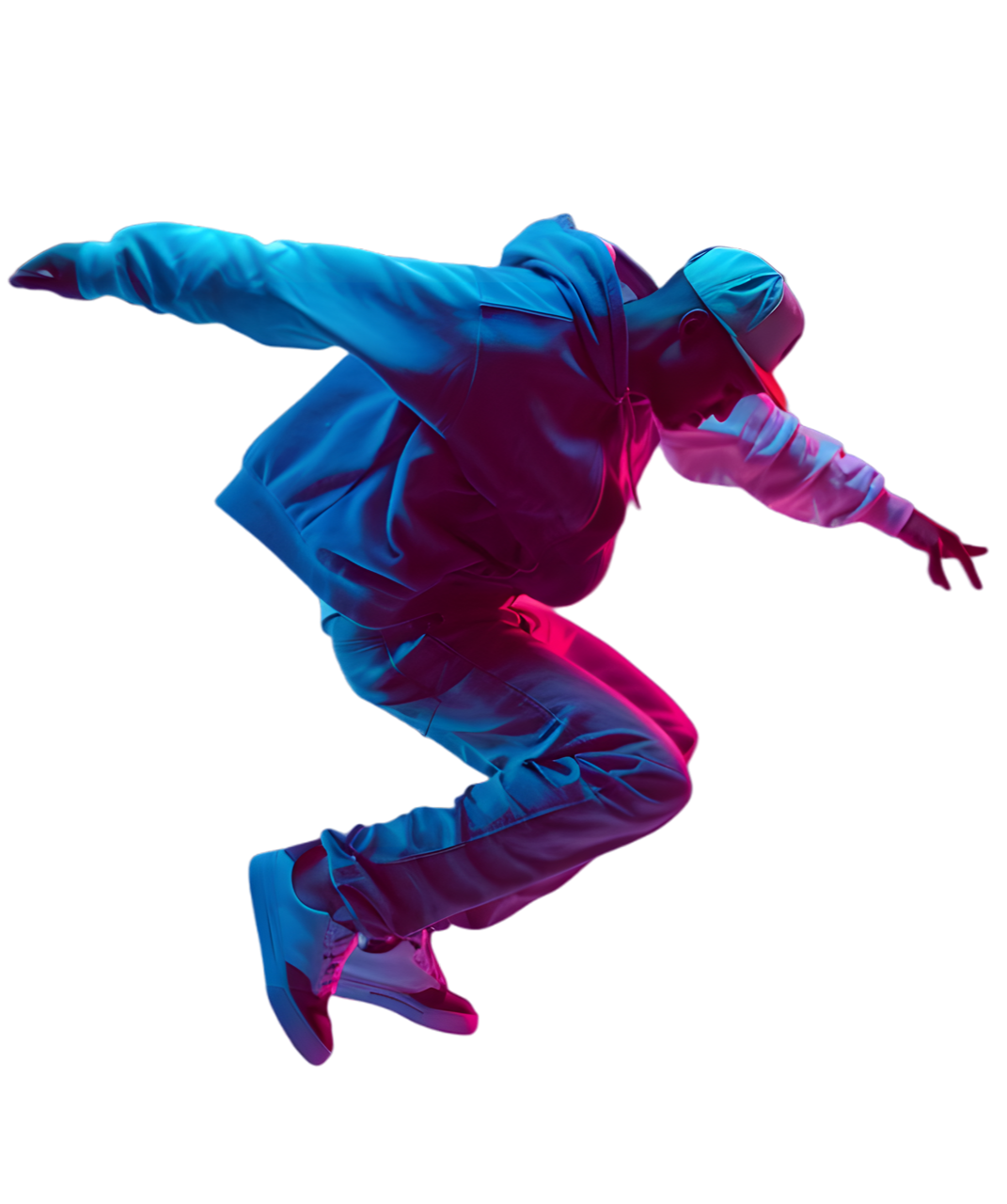 Danseur en suspension dans les airs, éclairée de lumière bleue et rose. Penché en avant, bras tendus, il porte un sweat à capuche et une casquette.